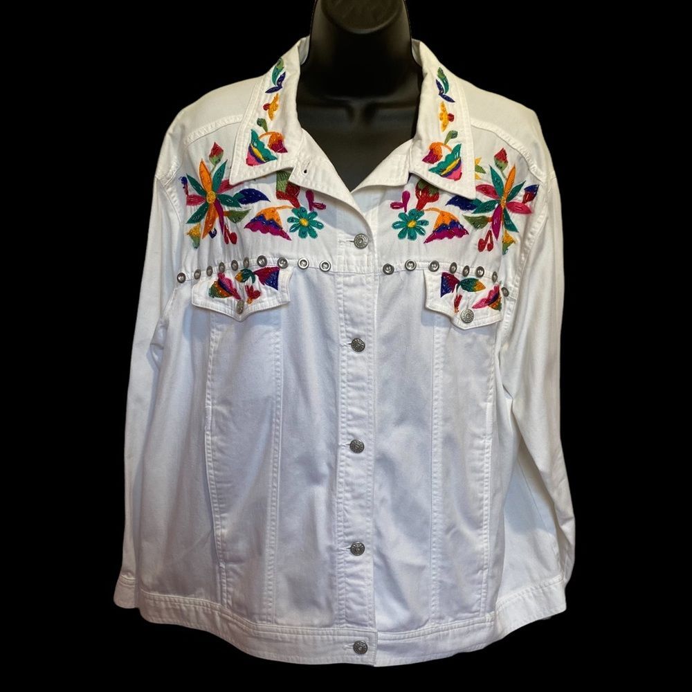 Vintage Carole Little Embroidered Jean Jacket Womens 14W White Beaded Cotton 90s